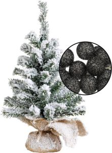 Merkloos Mini kerstboom besneeuwd met verlichting in jute zak H45 cm zwart Kunstkerstboom