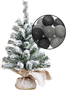 Merkloos Mini kerstboom besneeuwd met verlichting in jute zak H45 cm zwart grijs Kunstkerstboom