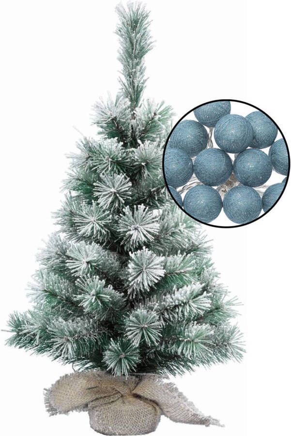 Merkloos Mini kerstboom besneeuwd met verlichting in jute zak H60 cm blauw Kunstkerstboom