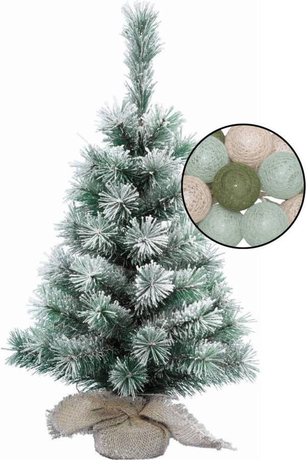 Merkloos Mini kerstboom besneeuwd met verlichting in jute zak H60 cm kleur mix groen Kunstkerstboom