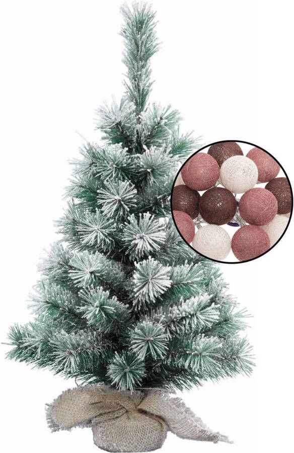 Merkloos Mini kerstboom besneeuwd met verlichting in jute zak H60 cm kleur mix rood Kunstkerstboom