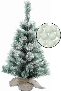 Merkloos Mini kerstboom besneeuwd met verlichting in jute zak H60 cm lichtgroen Kunstkerstboom