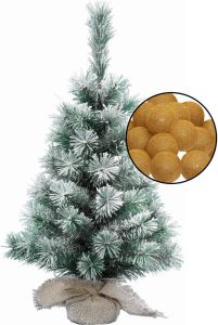 Merkloos Mini kerstboom besneeuwd met verlichting in jute zak H60 cm okergeel Kunstkerstboom