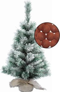 Merkloos Mini kerstboom besneeuwd met verlichting in jute zak H60 cm terracotta Kunstkerstboom