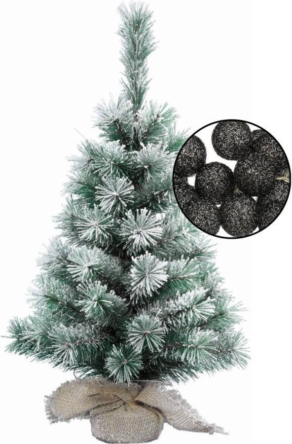 Merkloos Mini kerstboom besneeuwd met verlichting in jute zak H60 cm zwart Kunstkerstboom