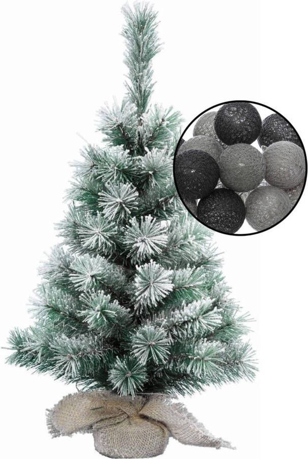 Merkloos Mini kerstboom besneeuwd met verlichting in jute zak H60 cm zwart grijs Kunstkerstboom