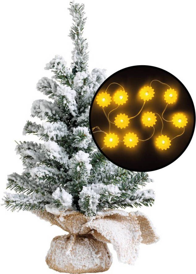 Merkloos Mini kerstboom besneeuwd met zonnebloemen verlichting H45 cm Kunstkerstboom