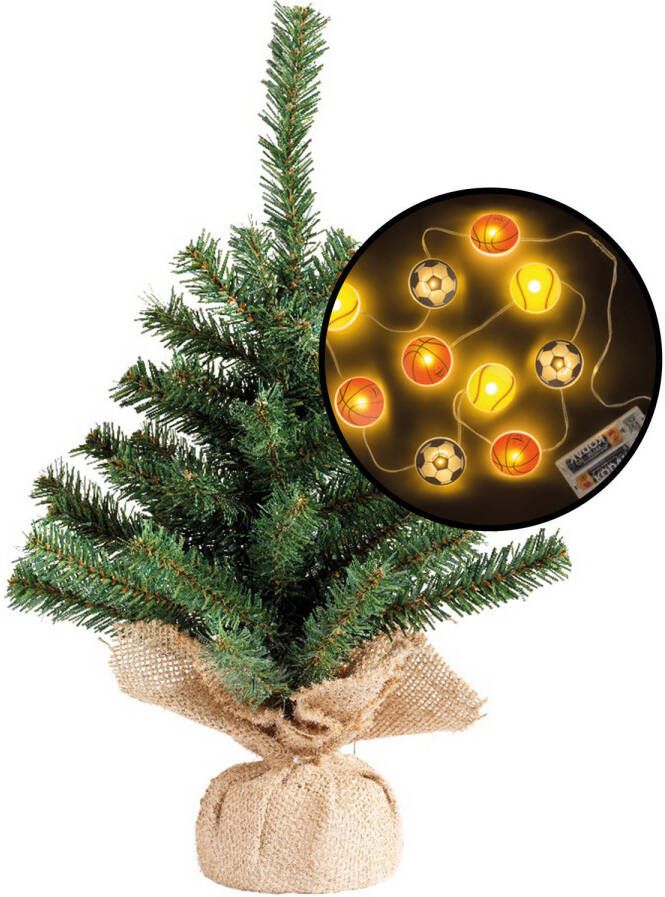 Merkloos Mini kerstboom groen met sport thema verlichting H45 cm Kunstkerstboom