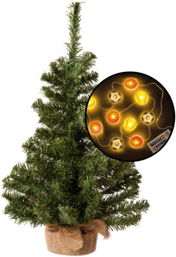 Merkloos Mini kerstboom groen met sport thema verlichting H60 cm Kunstkerstboom