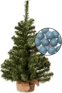 Merkloos Mini kerstboom groen met verlichting in jute zak H60 cm blauw Kunstkerstboom