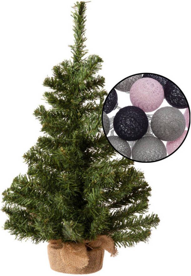 Merkloos Mini kerstboom groen met verlichting in jute zak H60 cm kleur mix grijs Kunstkerstboom