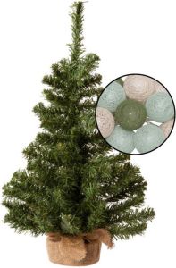 Merkloos Mini kerstboom groen met verlichting in jute zak H60 cm kleur mix groen Kunstkerstboom