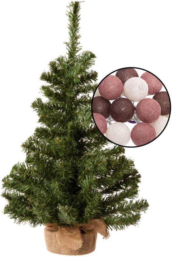 Merkloos Mini kerstboom groen met verlichting in jute zak H60 cm kleur mix rood Kunstkerstboom