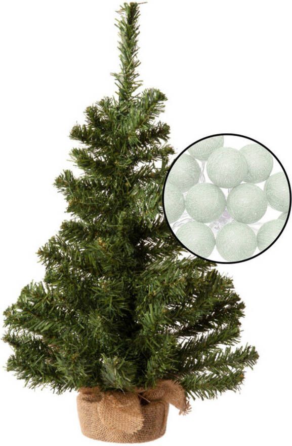 Merkloos Mini kerstboom groen met verlichting in jute zak H60 cm lichtgroen Kunstkerstboom