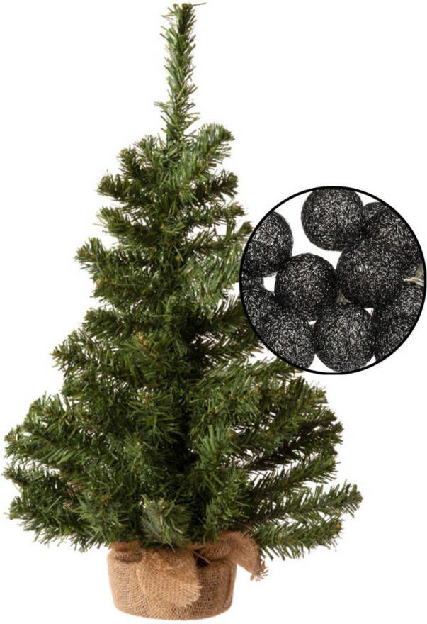 Merkloos Mini kerstboom groen met verlichting in jute zak H60 cm zwart Kunstkerstboom