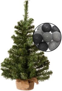 Merkloos Mini kerstboom groen met verlichting in jute zak H60 cm zwart grijs Kunstkerstboom