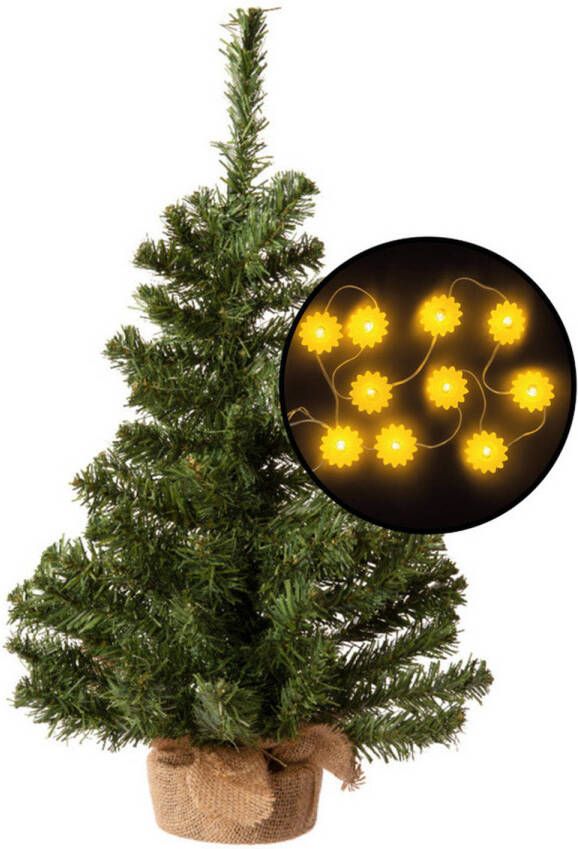 Merkloos Mini kerstboom groen met zonnebloemen verlichting H60 cm Kunstkerstboom