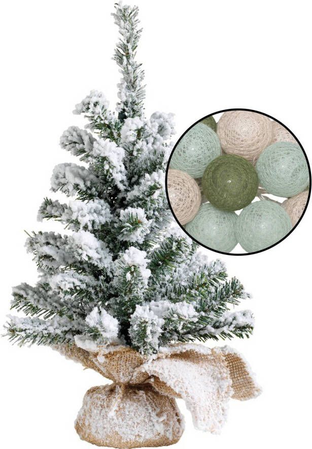 Merkloos Mini kerstboom met sneeuw incl. lichtslinger met bollen mix groen H45 cm Kunstkerstboom