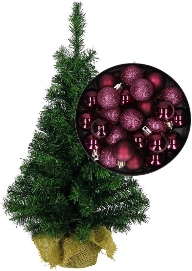 Merkloos Mini kerstboom kunst kerstboom H35 cm inclusief kerstballen aubergine paars Kunstkerstboom