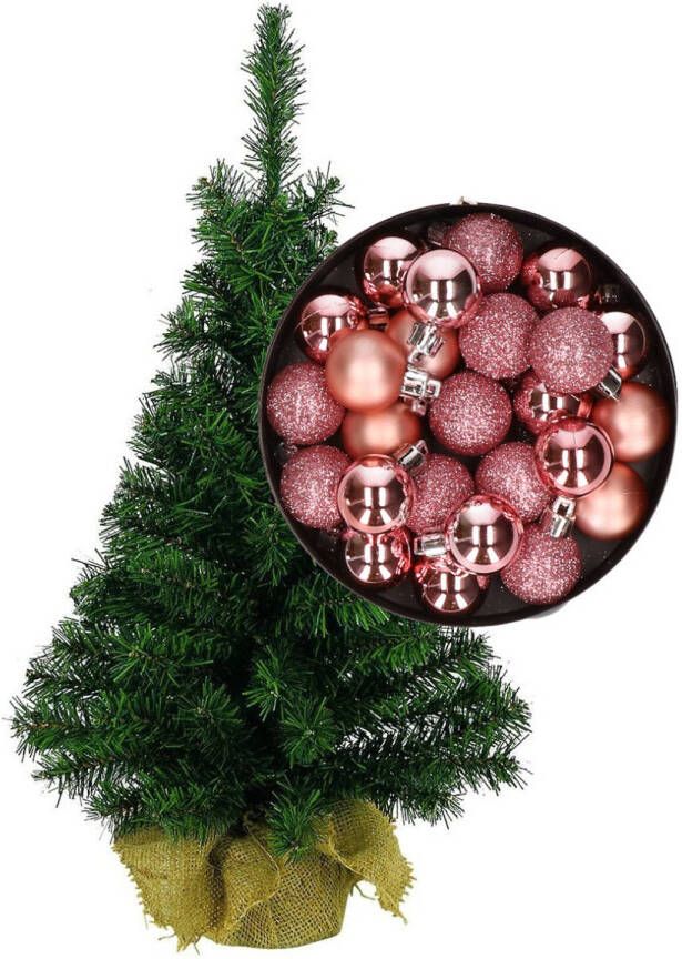 Merkloos Mini kerstboom kunst kerstboom H45 cm inclusief kerstballen roze Kunstkerstboom