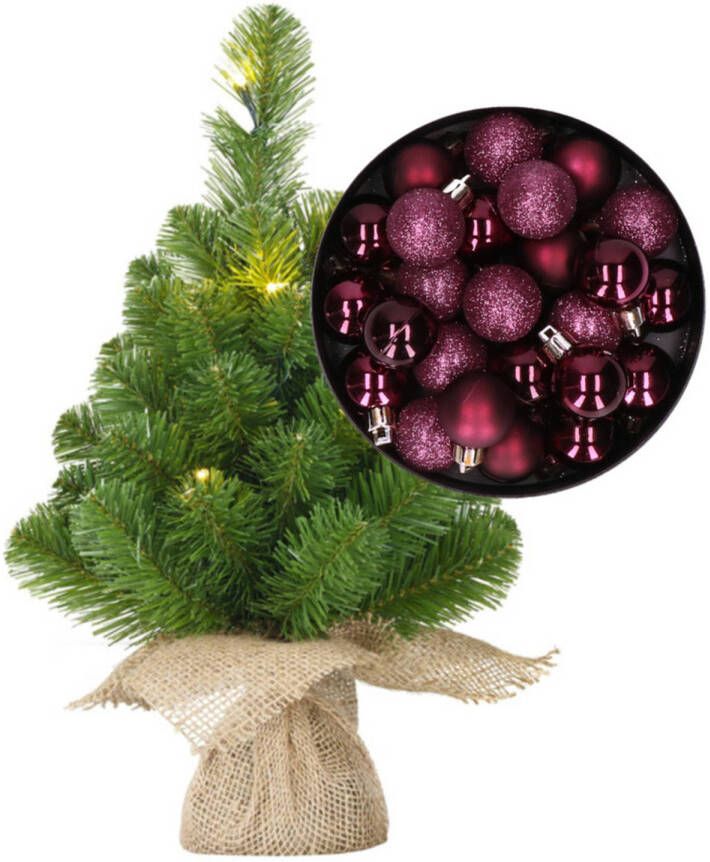 Merkloos Mini kerstboom kunstboom met verlichting 45 cm en inclusief kerstballen aubergine paars Kunstkerstboom