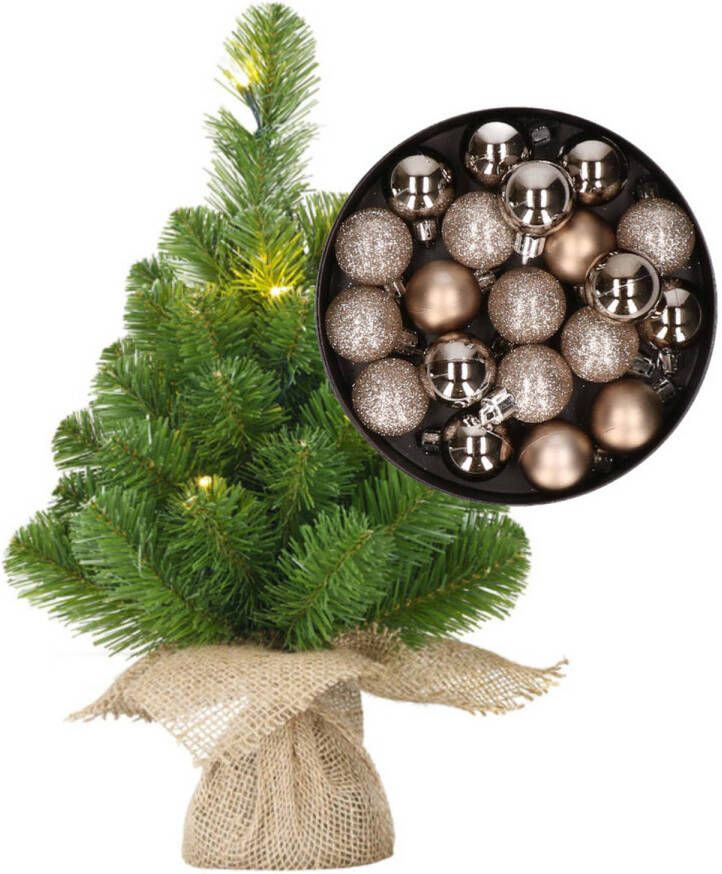 Merkloos Mini kerstboom kunstboom met verlichting 45 cm en inclusief kerstballen champagne Kunstkerstboom
