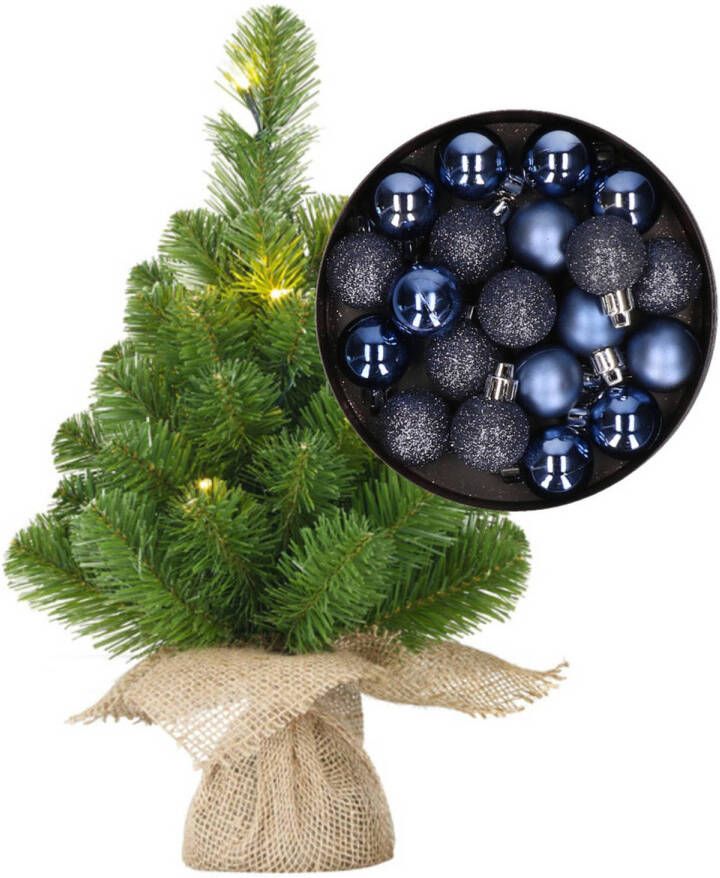 Merkloos Mini kerstboom kunstboom met verlichting 45 cm en inclusief kerstballen donkerblauw Kunstkerstboom