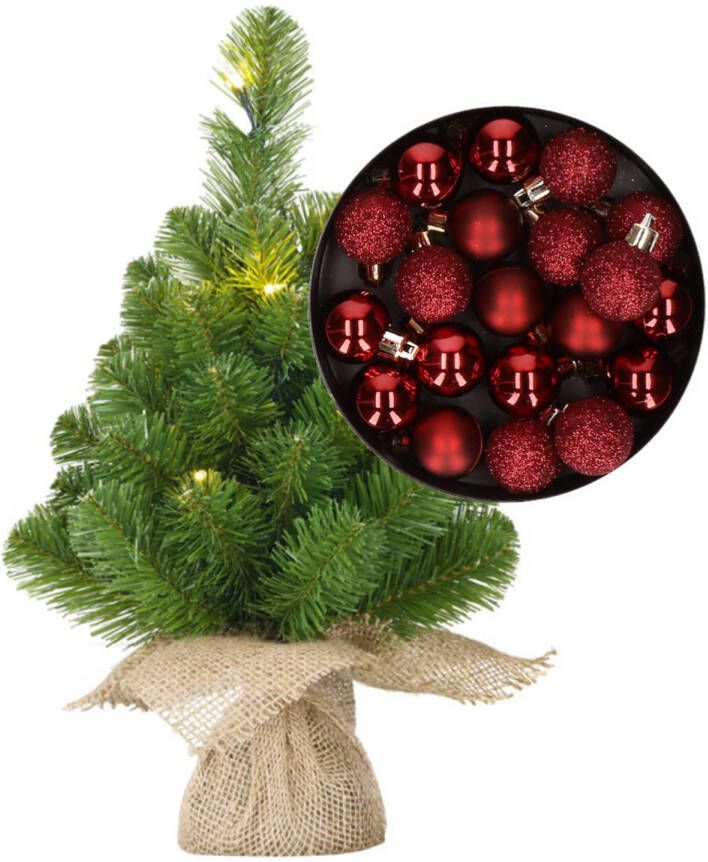 Merkloos Mini kerstboom kunstboom met verlichting 45 cm en inclusief kerstballen donkerrood Kunstkerstboom