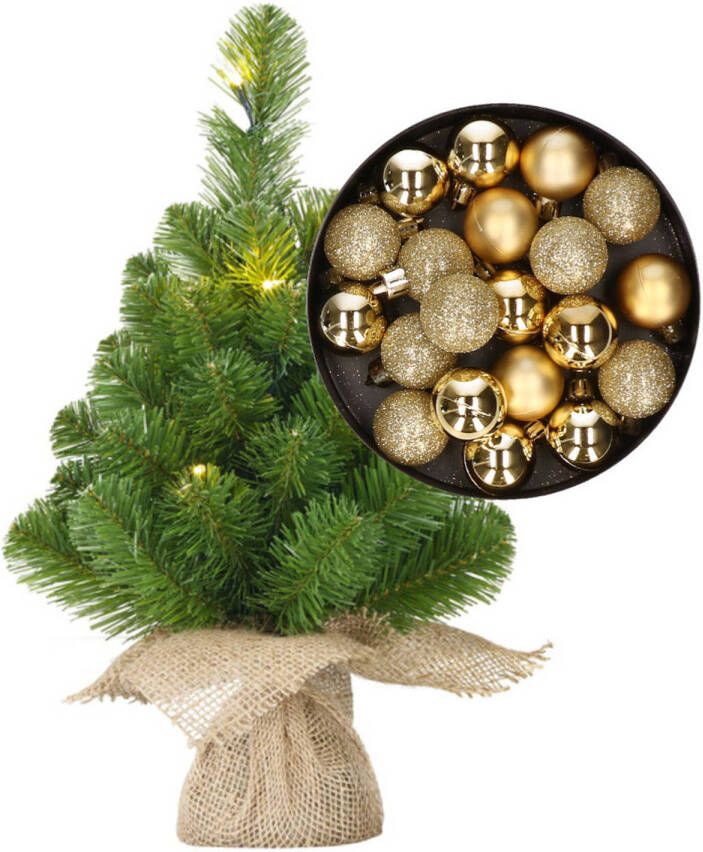 Merkloos Mini kerstboom kunstboom met verlichting 45 cm en inclusief kerstballen goud Kunstkerstboom