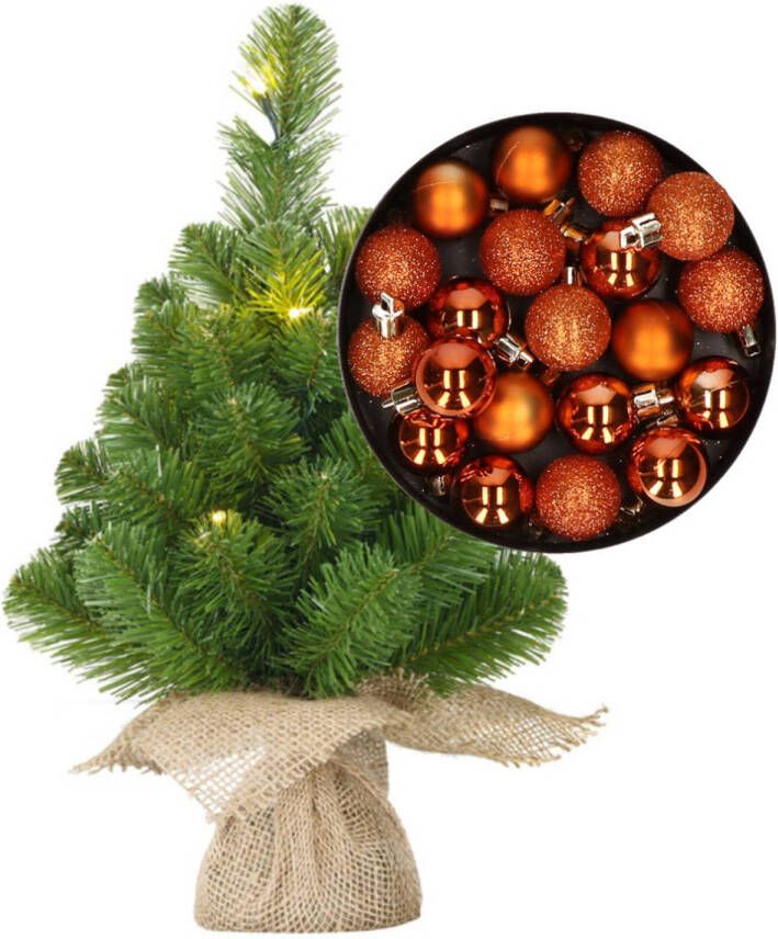 Merkloos Mini kerstboom kunstboom met verlichting 45 cm en inclusief kerstballen oranje Kunstkerstboom