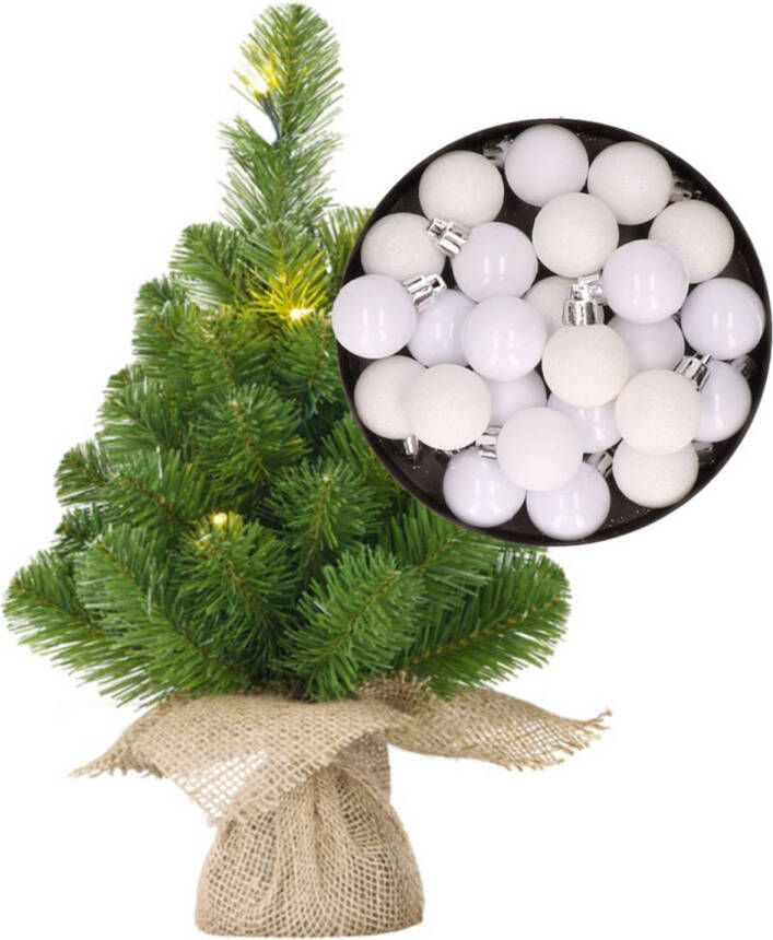 Merkloos Mini kerstboom kunstboom met verlichting 45 cm en inclusief kerstballen wit Kunstkerstboom