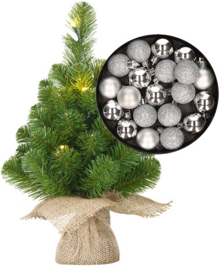 Merkloos Mini kerstboom kunstboom met verlichting 45 cm en inclusief kerstballen zilver Kunstkerstboom