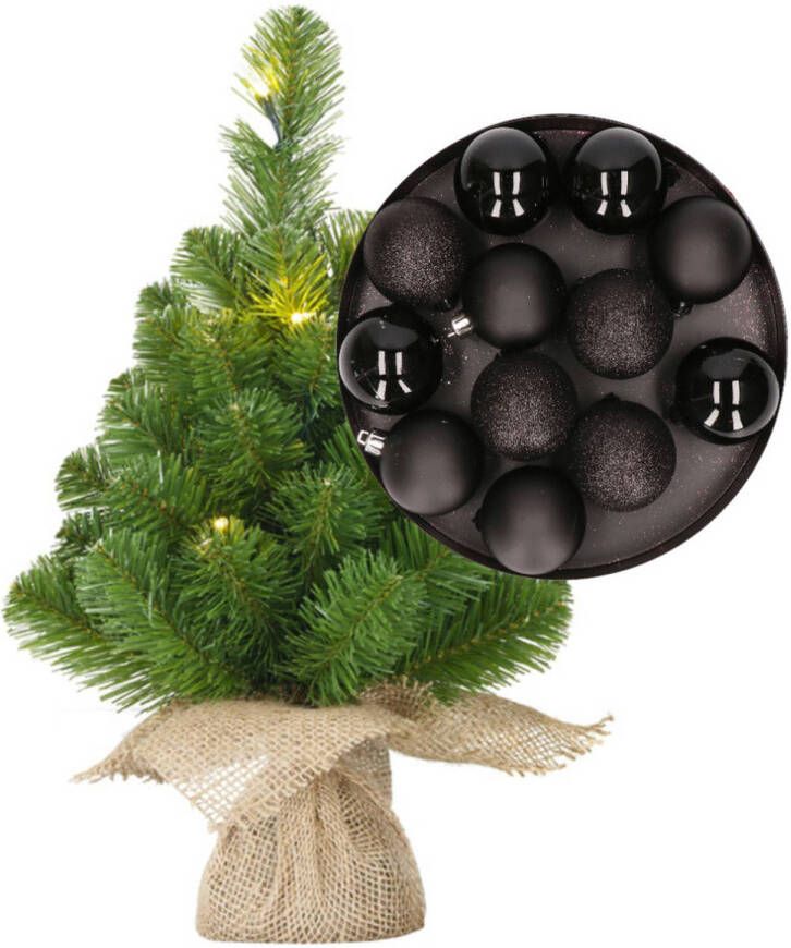 Merkloos Mini kerstboom kunstboom met verlichting 45 cm en inclusief kerstballen zwart Kunstkerstboom