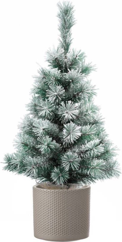 Merkloos Mini kunst kerstboom besneeuwd 60 cm inclusief taupe pot Kunstkerstboom