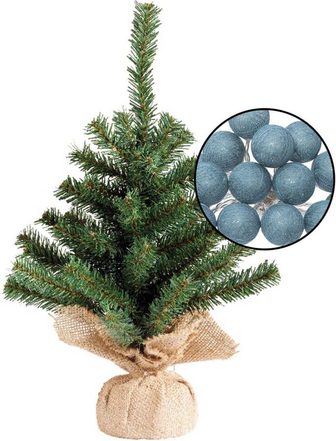 Merkloos Mini kunst kerstboom groen met verlichting in jute zak H45 cm blauw Kunstkerstboom