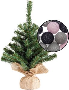Merkloos Mini kunst kerstboom groen met verlichting in jute zak H45 cm kleur mix grijs Kunstkerstboom