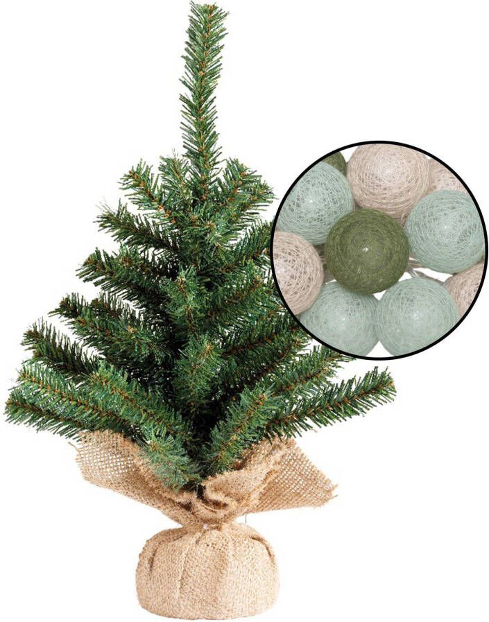 Merkloos Mini kunst kerstboom groen met verlichting in jute zak H45 cm kleur mix groen Kunstkerstboom
