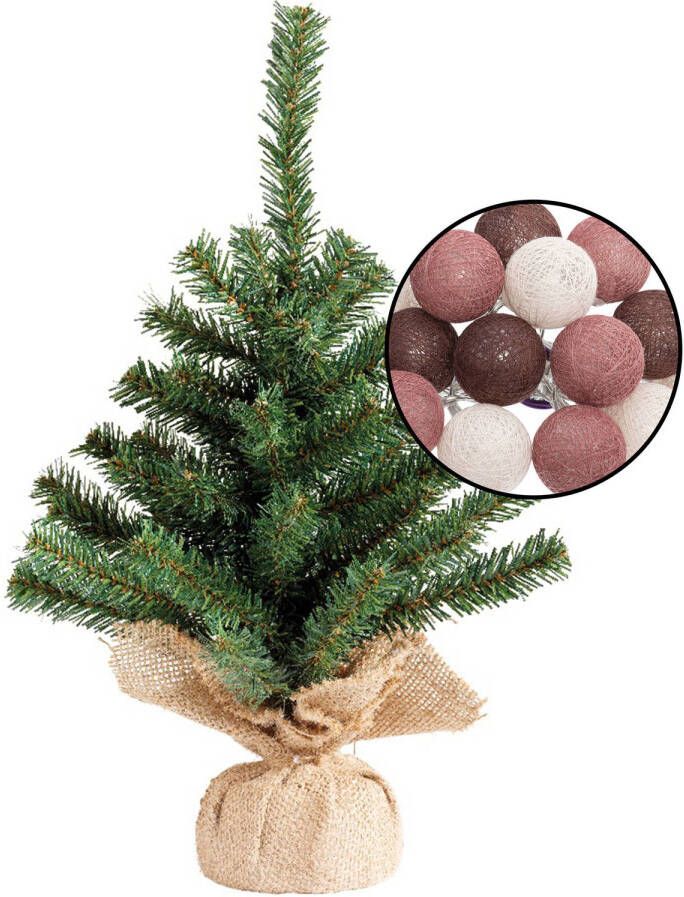 Merkloos Mini kunst kerstboom groen met verlichting in jute zak H45 cm kleur mix rood Kunstkerstboom