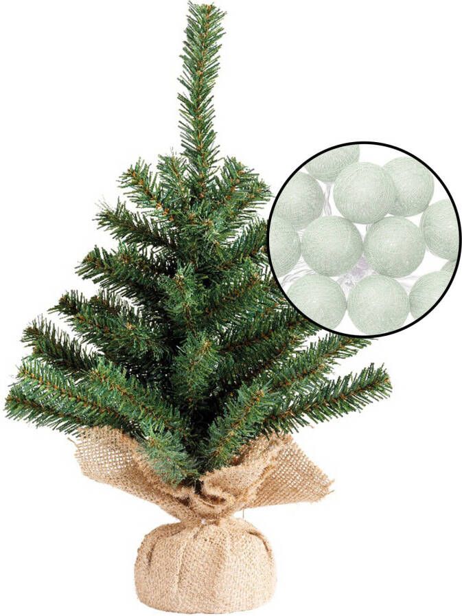 Merkloos Mini kunst kerstboom groen met verlichting in jute zak H45 cm lichtgroen Kunstkerstboom