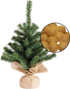 Merkloos Mini kunst kerstboom groen met verlichting in jute zak H45 cm okergeel Kunstkerstboom