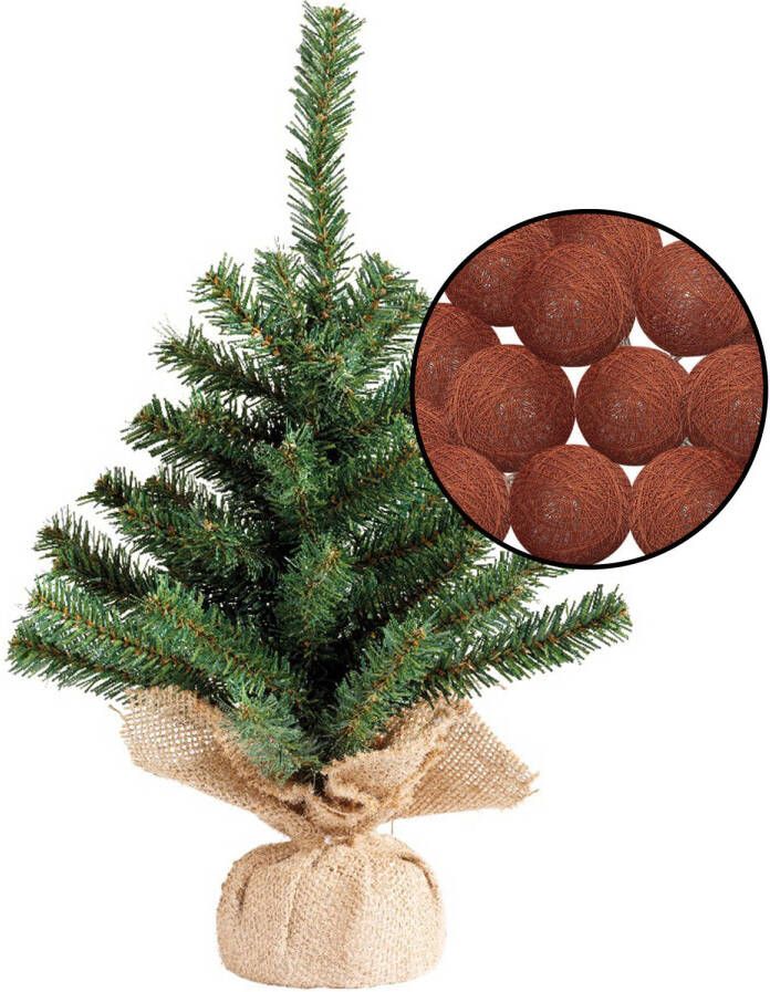 Merkloos Mini kunst kerstboom groen met verlichting in jute zak H45 cm terracotta Kunstkerstboom