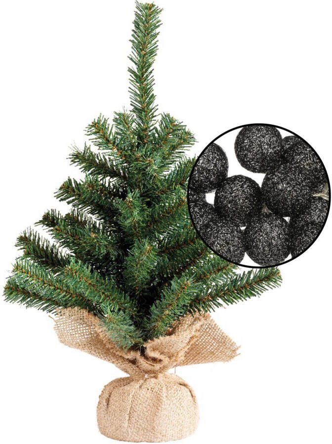 Merkloos Mini kunst kerstboom groen met verlichting in jute zak H45 cm zwart Kunstkerstboom