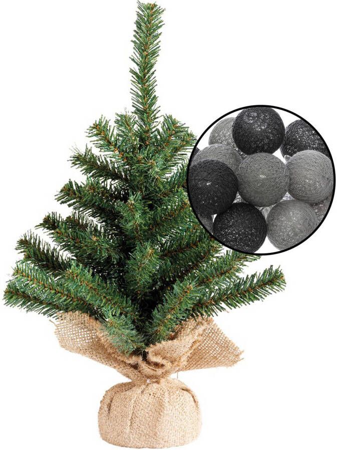 Merkloos Mini kunst kerstboom groen met verlichting in jute zak H45 cm zwart grijs Kunstkerstboom