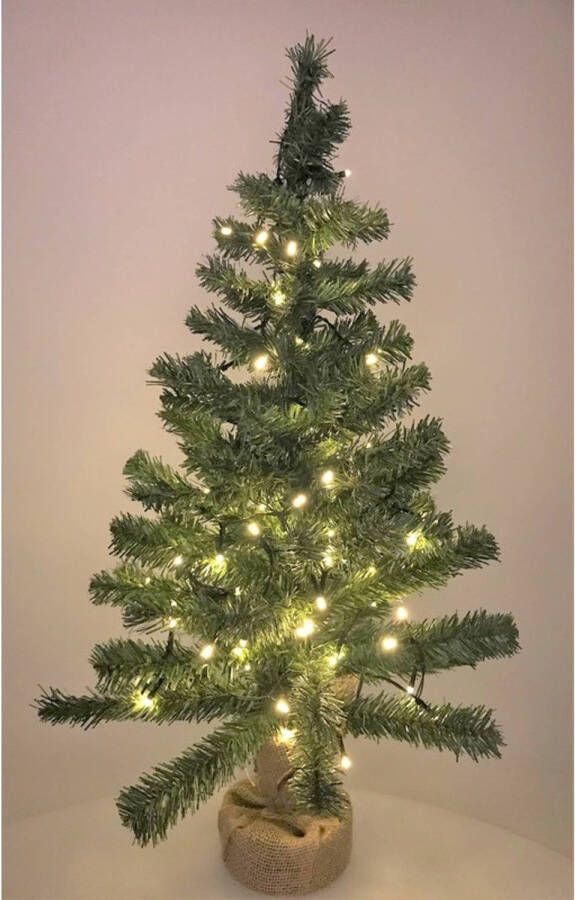 Merkloos Mini kunst kerstboom in jute zak met licht 75 cm Kunstkerstboom