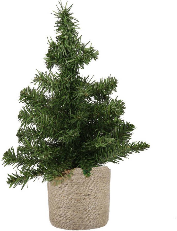 Merkloos Mini kunstboom kunst kerstboom groen 45 cm met naturel jute pot Kunstkerstboom