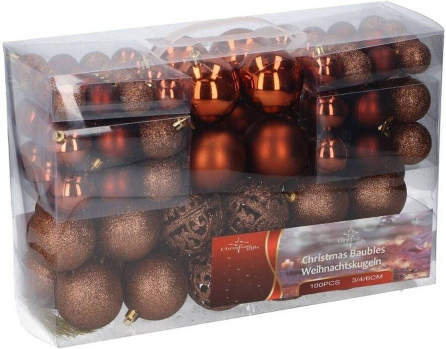 Merkloos Set van 100 voordelige bruine kerstballen plastic kunststof Kerstbal