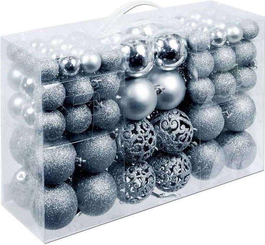 Merkloos Pakket met 100x zilveren kunststof kerstballen 3 4 en 6 cm Kerstbal