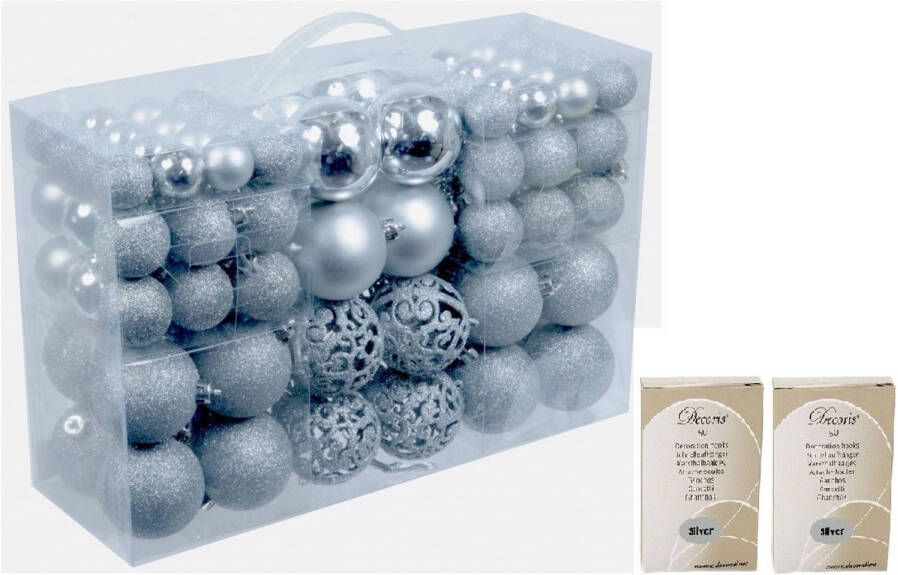 Merkloos Pakket met 100x zilveren kunststof kerstballen inclusief kerstbalhaakjes Kerstbal
