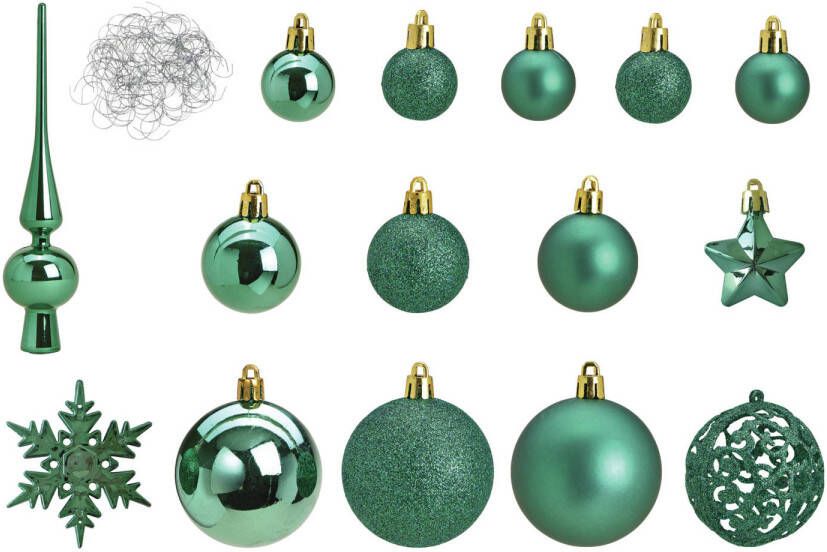 Merkloos Pakket met 110x stuks kunststof kerstballen ornamenten met piek emerald groen Kerstbal