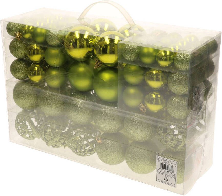 Merkloos Pakket met 110x stuks kunststof kerstballen ornamenten met piek lime groen Kerstbal